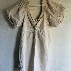 Cream Linen Puff Sleeve Dress